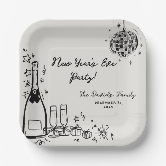 Moderne handgezeichnete Silvesterparty Pappteller (Vorderseite)