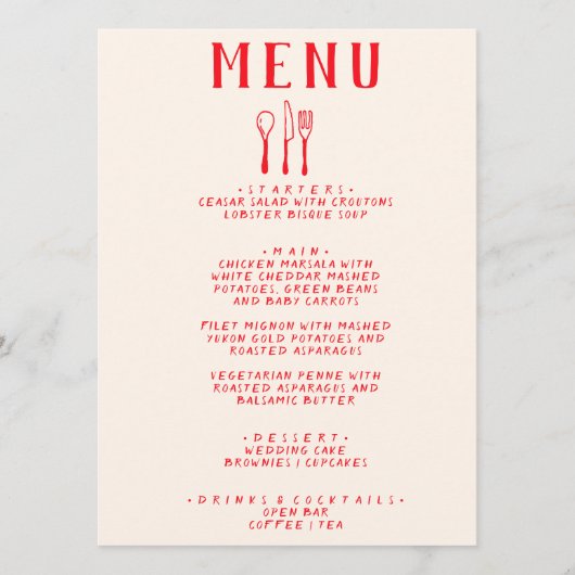 Moderne handgezogene Gabel Knife Retro Quirky Hoch Menükarte (Vorderseite)