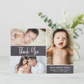 Moderne Handschrift 3 Foto Collage Baby Dusche Dankeskarte (Stehend Vorderseite)