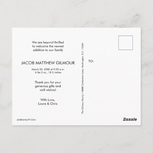 Moderne Handschrift Baby Foto Babydusche dank Postkarte (Rückseite)