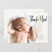 Moderne Handschrift Baby Foto Birth Danke Postkarte (Vorne/Hinten)