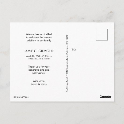 Moderne Handschrift Baby Foto Birth Danke Postkarte (Rückseite)