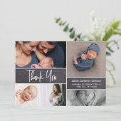 Moderne Handschrift Foto Collage Baby Dusche Dankeskarte (Stehend Vorderseite)