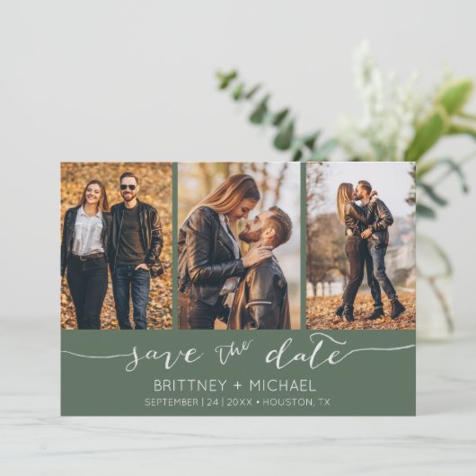 Moderne Handschrift Foto Collage Dark Sage Save The Date (Stehend Vorderseite)