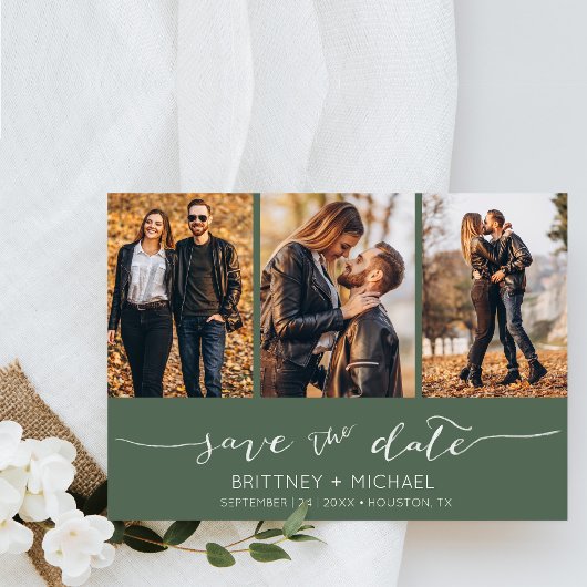 Moderne Handschrift Foto Collage Dark Sage Save The Date
