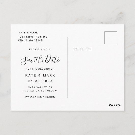 Moderne Handschrift Foto Hochzeit Rettete unser Da Postkarte (Rückseite)