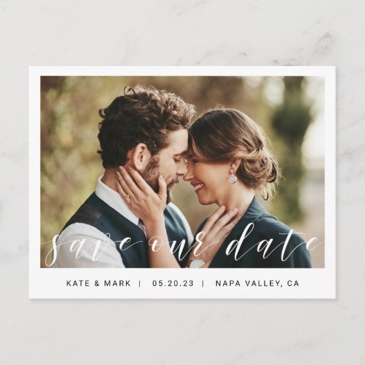 Moderne Handschrift Foto Hochzeit Rettete unser Da Postkarte (Vorderseite)