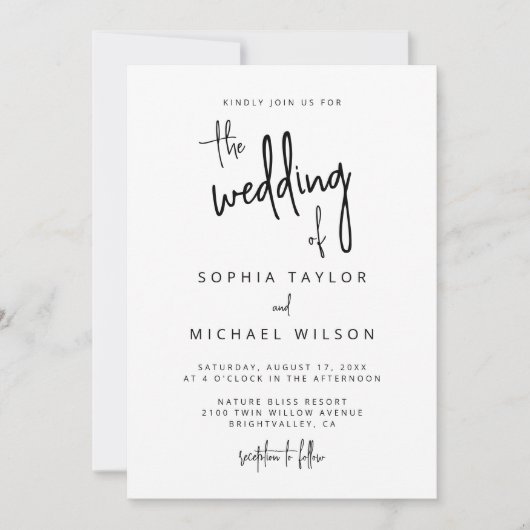 Moderne Handschrift Schwarz-weiße Hochzeit Einladung (Vorderseite)