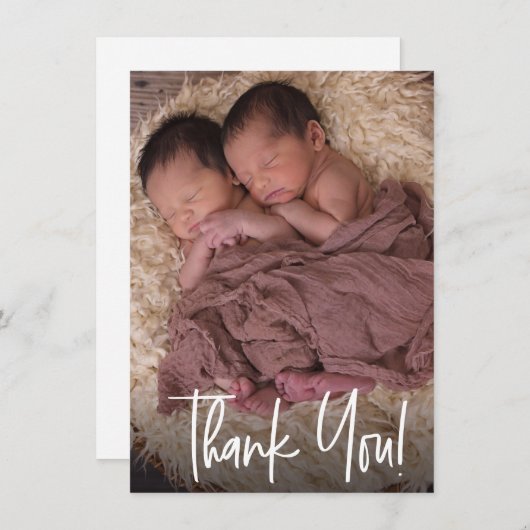 Moderne Handschrift Twins Foto Babydusche Dankeskarte (Vorne/Hinten)