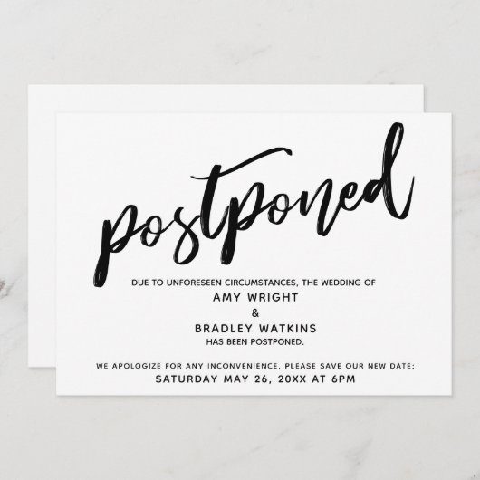 Moderne Handschriftenhochzeit wurde verschoben Einladung (Vorne/Hinten)