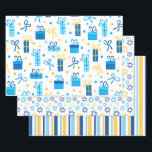 Moderne Hanukka Geschenkpapier Set<br><div class="desc">Diese modernen Hanukkah Papiere mit Geschenken,  Streifen und Stern von Davids werden Ihre Pakete phänomenal aussehen lassen!  Sie sind farbenfroh und trendig,  aber traditionell.</div>