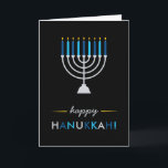 Moderne Hanukkah schwarz mit silber Menorah und bl Feiertagskarte<br><div class="desc">Diese moderne,  elegante Hanukkah-Karte verfügt über eine silberne Menorah mit blauen und türkisfarbenen Kerzen und gelben goldenen Flammen,  auf einem schwarzen Hintergrund.</div>