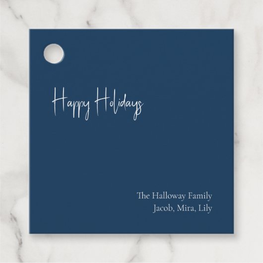 Moderne Happy Holidays Blue Square Familienname-Ge Geschenkanhänger (Vorderseite)