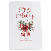 Moderne Happy Holidays Script Holly Bow Name Mittlere Geschenktüte (Vorderseite)