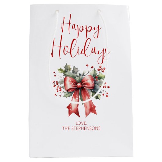 Moderne Happy Holidays Script Holly Bow Name Mittlere Geschenktüte (Vorderseite)