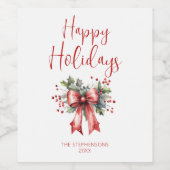 Moderne Happy Holidays Script Holly Bow Name Weinetikett (Einzelnes Label)