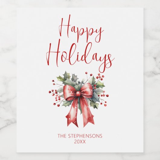 Moderne Happy Holidays Script Holly Bow Name Weinetikett (Einzelnes Label)