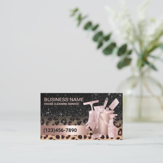Moderne Hausreinigung Leopard & Rose Gold Glitzer Visitenkarte (Stehend Vorderseite)