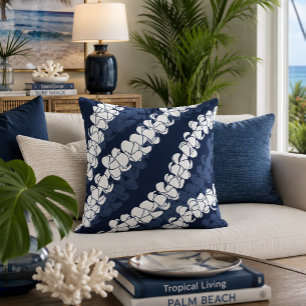 Moderne hawaiianische Puakenikeni-Lei-Muster Navy Kissen