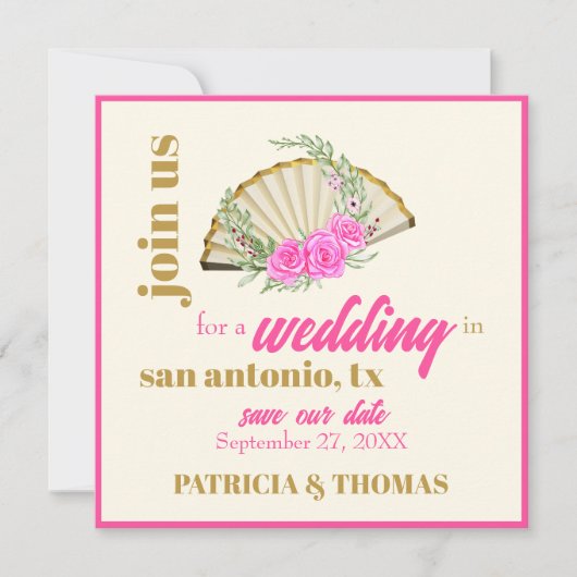 Moderne, heiß rosa Hand Fan Hochzeit retten das Da Einladung (Vorderseite)