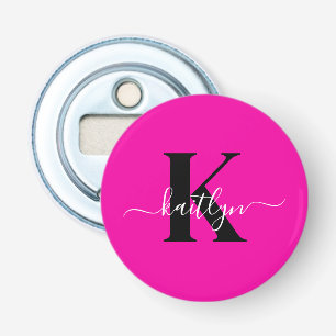 Moderne Heißrosa Schwarze Schrift Monogramm Flaschenöffner