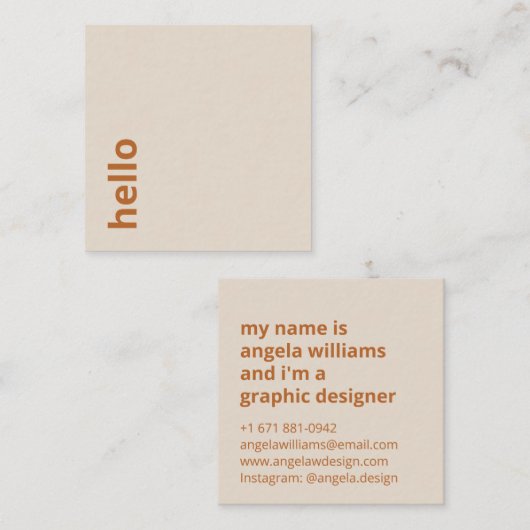 Moderne hellbeige-orange-minimale Hello-Typografie Quadratische Visitenkarte (Vorne/Hinten)