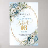 Moderne hellblaue Blumen Sweet 16 Willkommensposte Poster (Vorne)