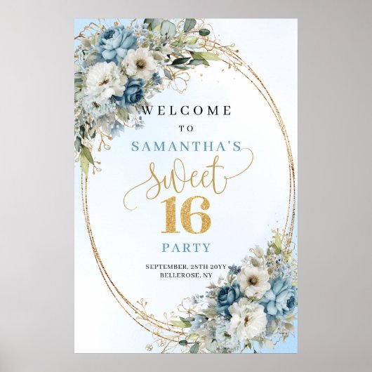 Moderne hellblaue Blumen Sweet 16 Willkommensposte Poster (Vorne)