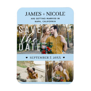 Moderne Hellblaue Save the Date Hochzeit 3 Fotos Magnet