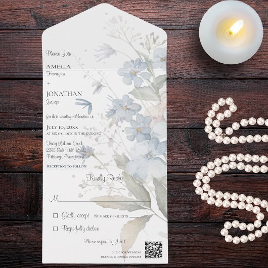 Moderne, hellblaue Wildblumen mit weißem QR-Code All In One Einladung