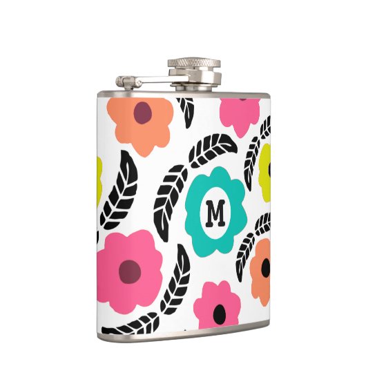 Moderne, helle Blume und Schwarzleder-Monogramm Flachmann (Rechts)