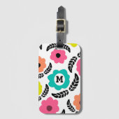 Moderne, helle Blume und Schwarzleder-Monogramm Gepäckanhänger (Vorderseite Vertikal)
