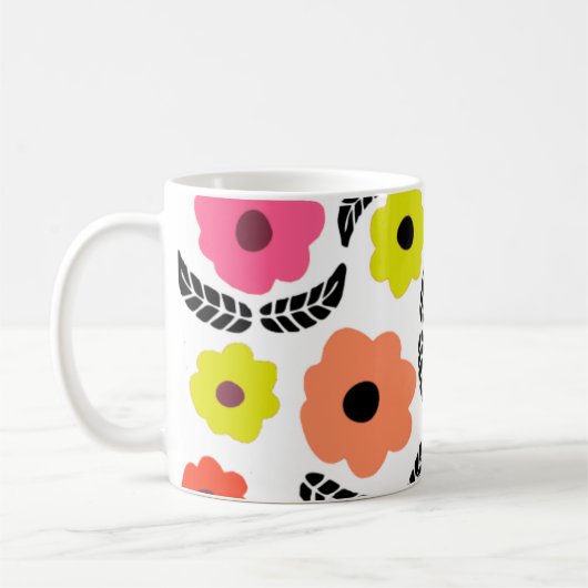 Moderne, helle Blume und Schwarzleder-Monogramm Kaffeetasse (Links)