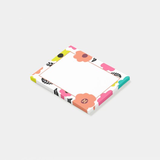 Moderne, helle Blume und Schwarzleder-Monogramm Post-it Klebezettel (angewinkelt)