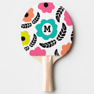 Moderne, helle Blume und Schwarzleder-Monogramm Tischtennis Schläger