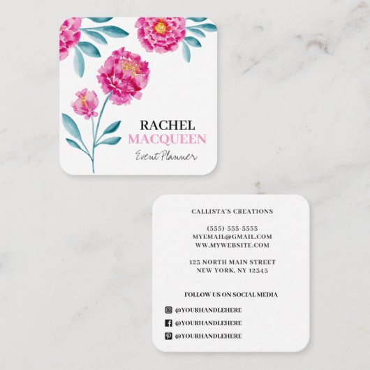 Moderne, helle Blumen Blumen Wasserfarbe Quadratische Visitenkarte (Vorne/Hinten)
