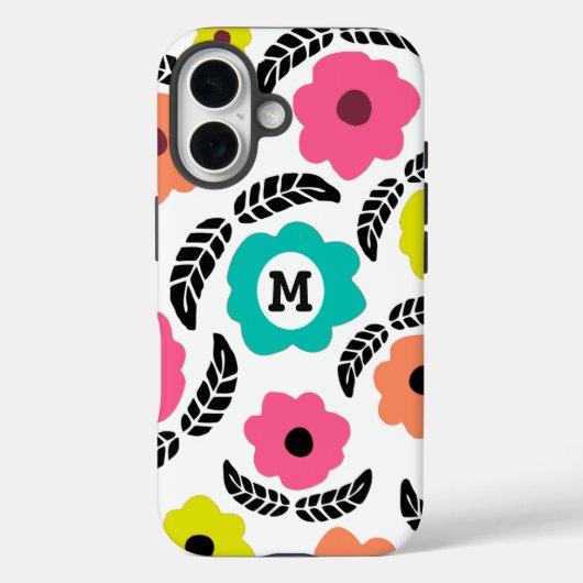 Moderne helle Blumen und schwarzes Blatt-Monogramm Case-Mate iPhone Hülle (Rückseite)