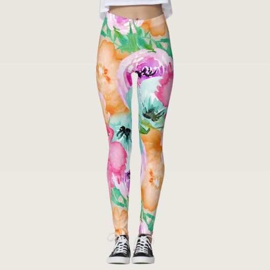 Moderne Helle Farbige Frühlingsblumen Wasserfarben Leggings (Vorderseite)
