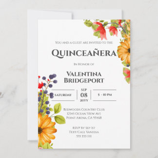 Moderne, helle Flora Wasserfarbe Quinceñera Einladung