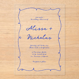 Moderne helle Hand Drawn Blue Border Wedding Acryleinladungen