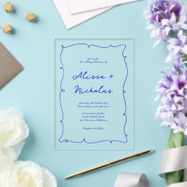 Moderne helle Hand Drawn Blue Border Wedding Acryleinladungen