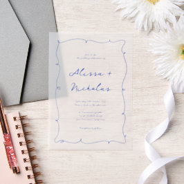 Moderne helle Hand Drawn Blue Border Wedding Pergament Einladungen