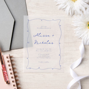 Moderne helle Hand Drawn Blue Border Wedding Pergament Einladungen