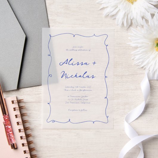 Moderne helle Hand Drawn Blue Border Wedding Pergament Einladungen (Hochzeit)