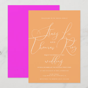 Moderne Helle Hübsche Skript Orange Rosa Hochzeit Einladung