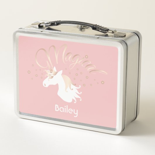 Moderne helle Rose Rosa Weißes magisches Einhorn Metall Brotdose (Rückseite)