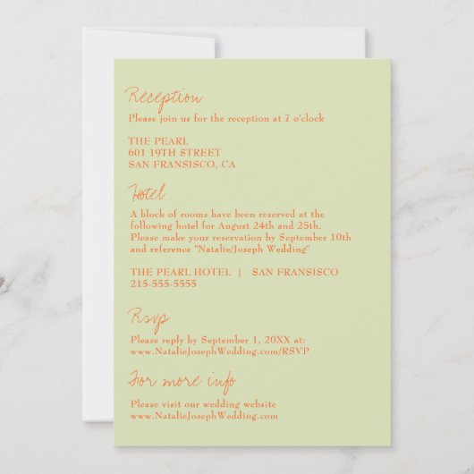 Moderne, helle und stilvolle Farben in einer Hochz Einladung (Rückseite)