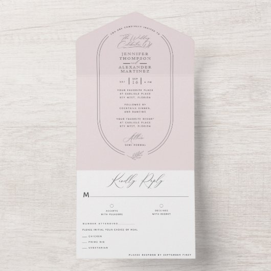 Moderne, helle, weiche, rosa Hochzeit in einem ein All In One Einladung (Innen)