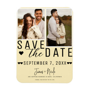 Moderne hellgelbe Save-the-Date 2-Foto-Hochzeit Magnet