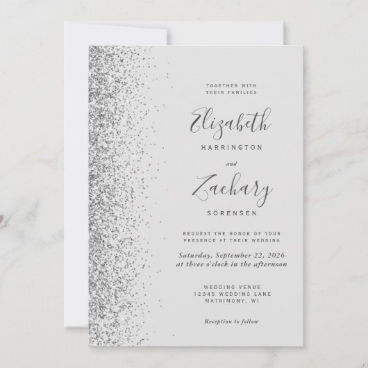 Moderne, hellgraue Silver Glitzer Edge Wedding Einladung (Vorderseite)